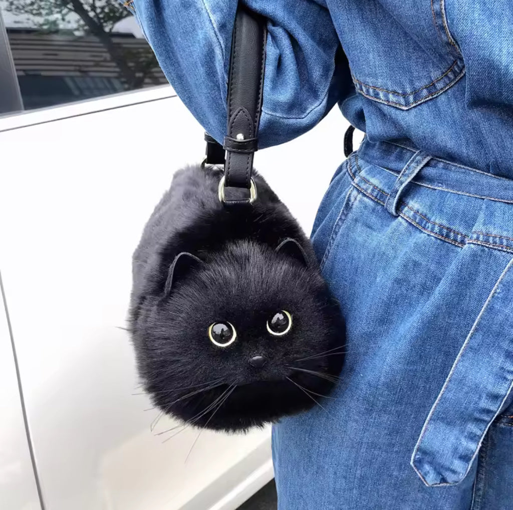 Women’s Unique Shoulder/Underarm Bags Black Cat Plush Crossbody Handbag