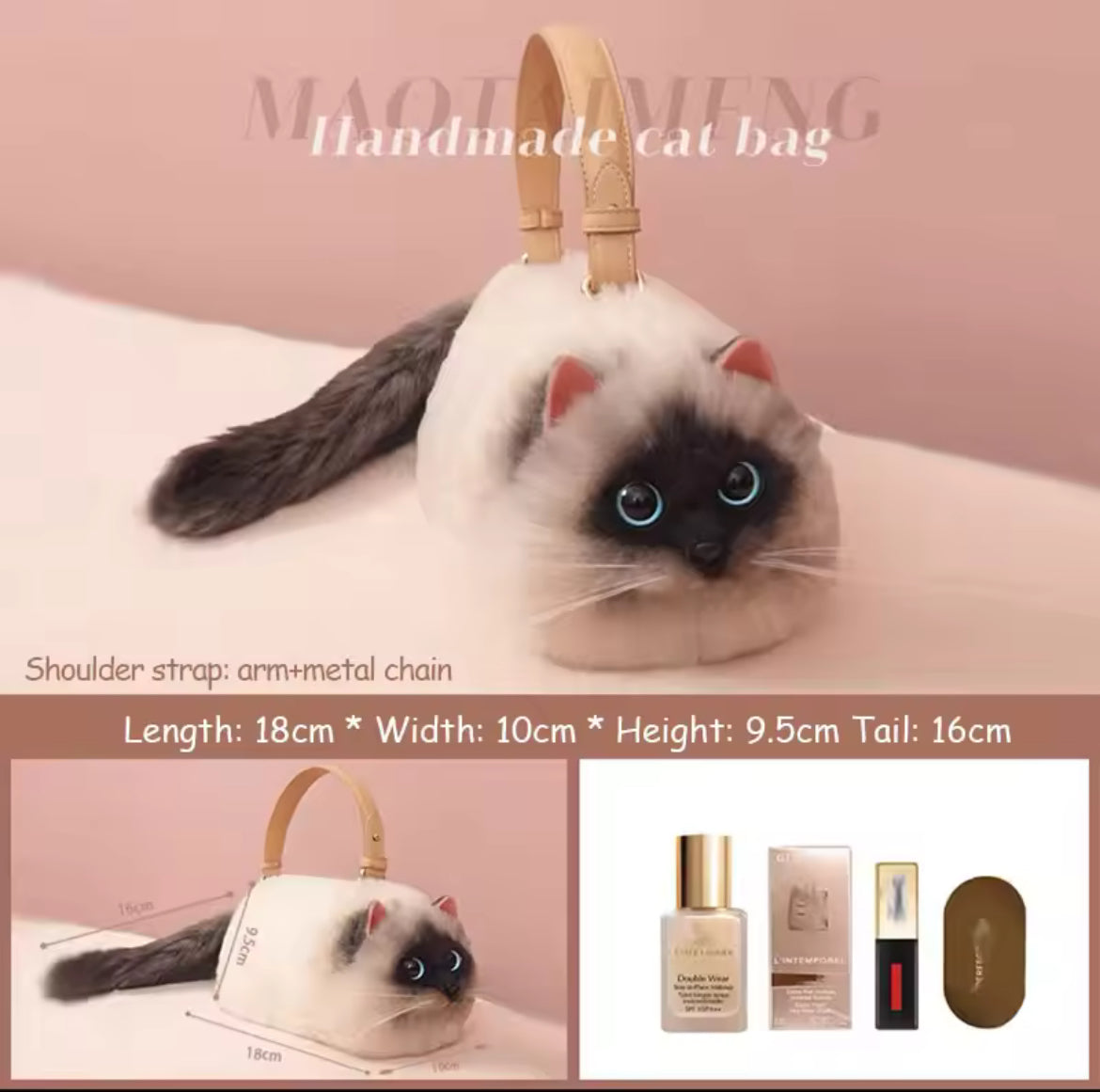 Women’s Unique Shoulder/Underarm Bags Siamese Cat Plush Crossbody Handbag