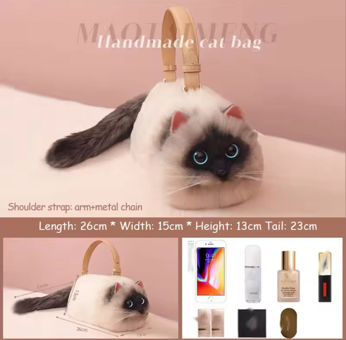Women’s Unique Shoulder/Underarm Bags Siamese Cat Plush Crossbody Handbag