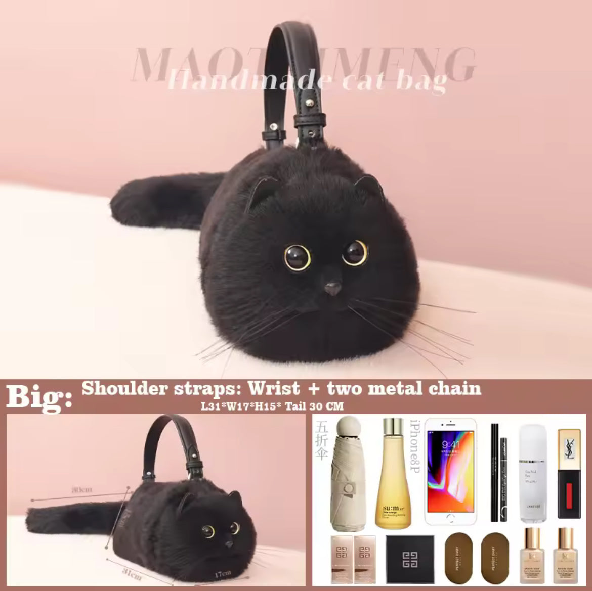 Women’s Unique Shoulder/Underarm Bags Black Cat Plush Crossbody Handbag