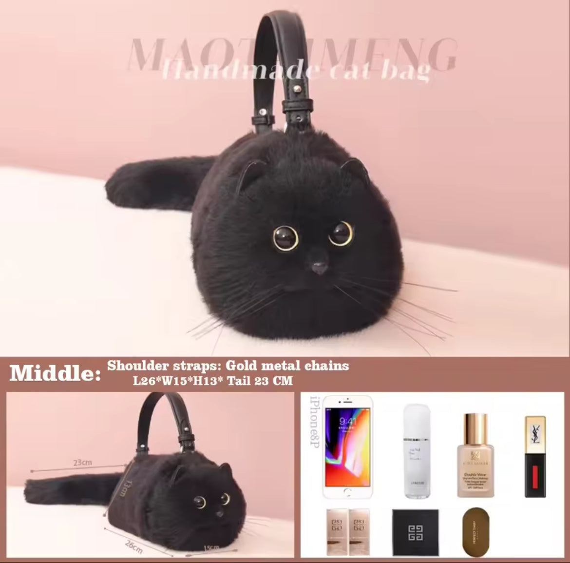 Women’s Unique Shoulder/Underarm Bags Black Cat Plush Crossbody Handbag
